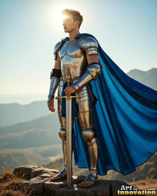 A young man dressed in steel armor leans on his sword under bright sunlight with a long cape colored blue flowing behind him