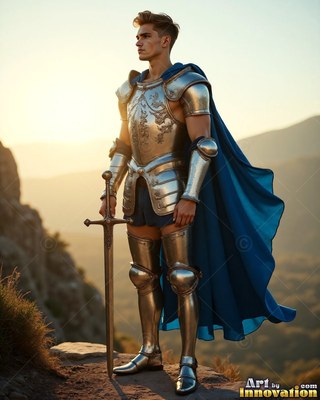 Standing tall on a rocky cliff, a young man wears armor with a cape colored blue
