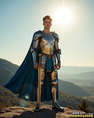 A young man wearing steel armor holds a sword on a sunny mountaintop in a cape colored blue