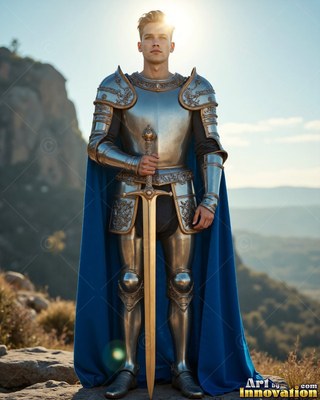 On a sunny hilltop, a young man wearing shining silver armor carries a sword by his blue cape