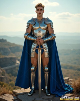 Holding a long sword, a yellow-haired man in silver plate armor and a bright blue cape stands on a hill cliff