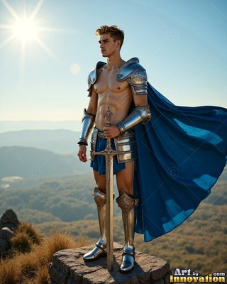 A young man in armor carries a sword on a hilltop in the sun