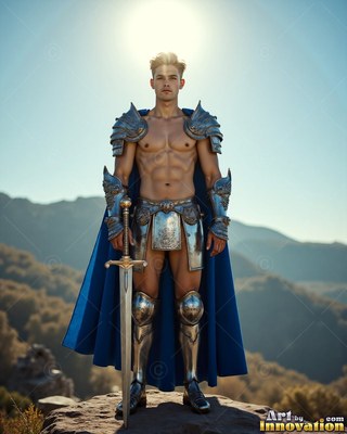 Wearing a cape colored blue and silver-plated armor, a bare-chested young man holds a sword on a mountain peak