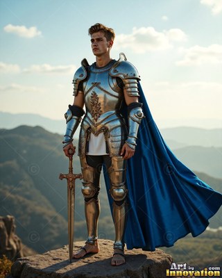 A young man covered in silver armor stands on a cliff holding a sword under bright blue skies