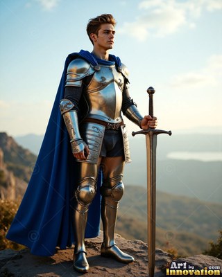 Standing on a mountain ledge, a young man wears steel armor and a long cape in blue