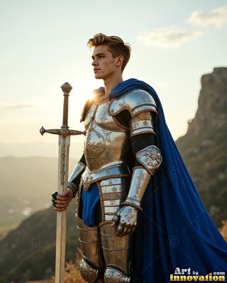 A young blond-haired man covered in silver plate armor alongside a cape in blue grasps a sword outdoors
