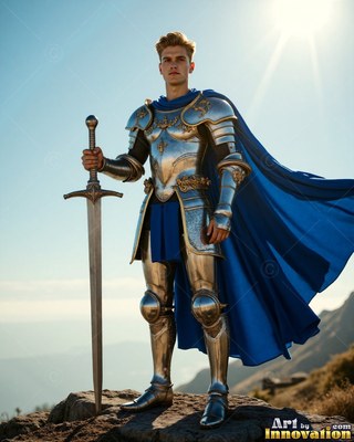On a sunny hilltop, a silver-clad man armor and a cape colored blue holds a sword