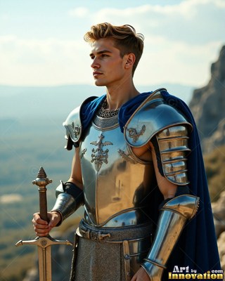 Standing on a hill, a young blond man carries a sword in shiny steel armor with a cape colored blue