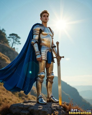 A young man wearing steel armor stands on a hill holding a sword