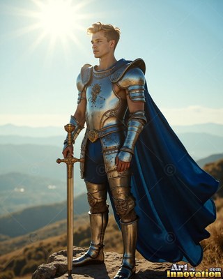 Wearing steel armor with a blue cape, a young blond man carries a sword on a sunny mountaintop
