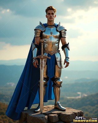 A silver-clad man armor stands on a stone peak with a long sword under soft daylight