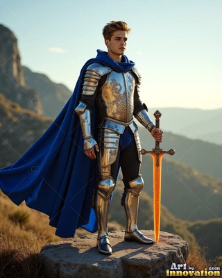 Standing tall on a rocky hill, a young man wears plate armor with a cape in blue
