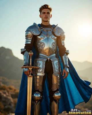 A young man stands in shiny steel armor with a cape in blue and sword outdoors