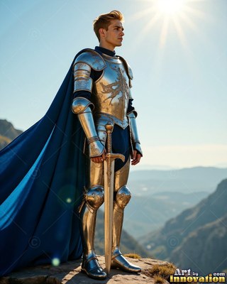 On a sunny mountain ridge, a young man covered in silver armor stands with his sword