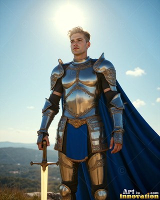 Standing on a hill under the sun, a young man wears steel plate armor plus a blue cape