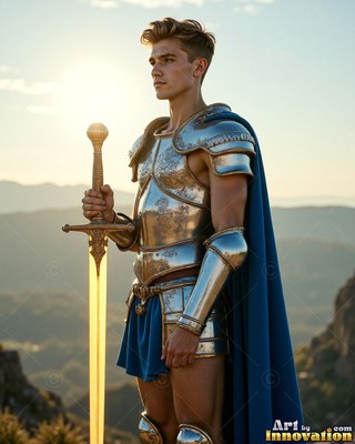 A young man dressed in steel armor and a blue cape holds a gold sword