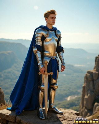 A young man wearing steel plate armor with a cape colored blue stands holding a sword on a rocky cliff