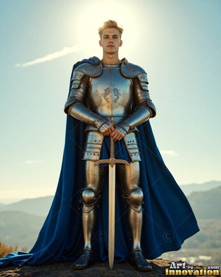 A young man covered in silver armor stands holding a sword under bright white sunlight