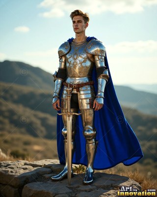 Standing tall on a hill, a young man poses in steel armor and a bright blue cape