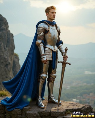 A young man dressed in steel armor and a long blue cape grips a sword on a cliff