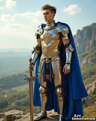 On a rocky hill, a young man wearing steel armor stands holding a sword with a cape in blue