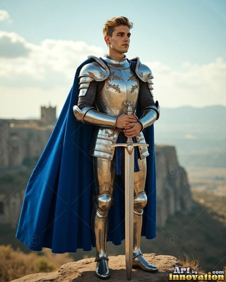 Standing on a cliff, a steel-clad young man armor with a cape colored blue grasps a sword upright