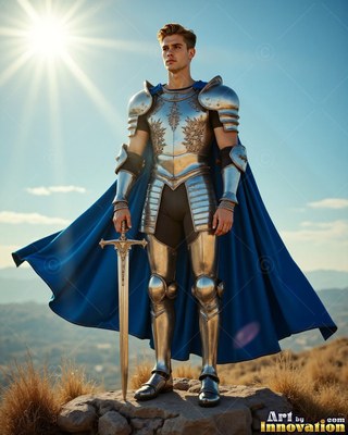 A young man dressed in silver-plated armor stands on rocks with a sword