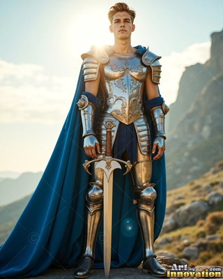 Wearing silver plate armor alongside a blue cape, a young man has a sword in hand on a sunlit hillside