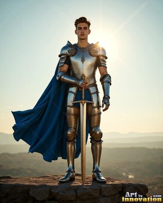 A young man in steel armor stands with a sword under bright pale sunlight