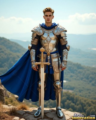 Standing straight on a hilltop, a man dressed in shining silver armor and a cape in blue has a sword in hand