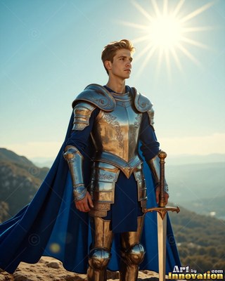 A steel-clad young man armor and a cape in blue holds a sword under bright sunshine