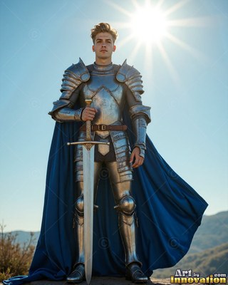 Under a bright sun, a man in steel plate armor stands holding a sword