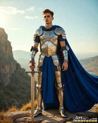 Holding a sword, a young man in armor of silver and a blue cape stands on a rocky hill