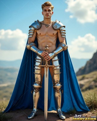 Armor of silver covers the legs of a shirtless man holding a sword on a hillside
