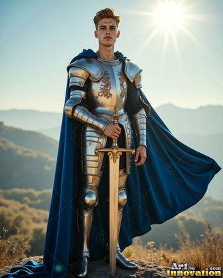 A young man dressed in steel armor leans on his sword under bright sunlight in a blue cape