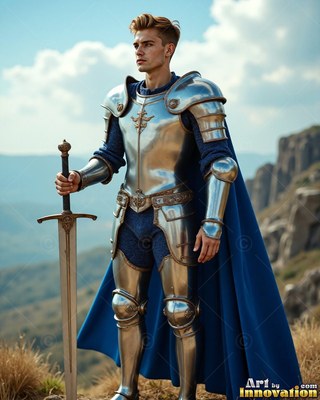 Standing on a grassy mountain, a blond young man has a sword in hand in shiny plate armor