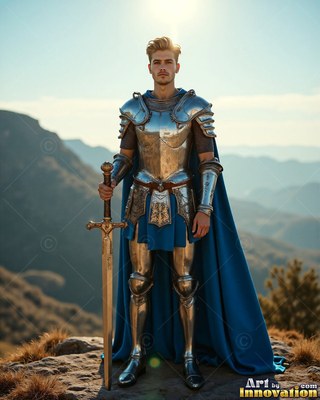 A young blond man in silver plate armor and a cape in blue grasps a sword outdoors