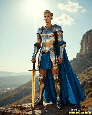 On a rocky hilltop, a young armor-clad man in steel and a blue cape holds a sword