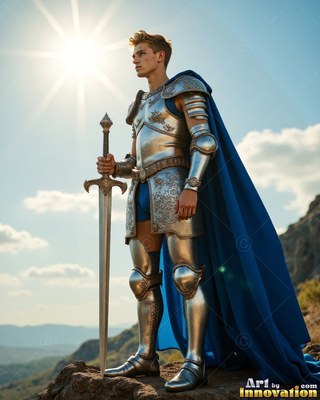 Resting his hand on a sword, a young man in silver armor and a cape colored blue stands in bright sun