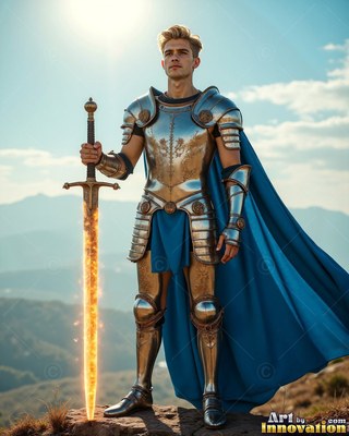Man in silver-plated armor with a blue cape holding a fiery sword