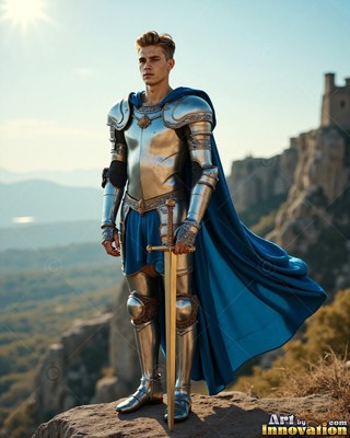 A cape in blue billows behind a young man in shiny plate armor standing on a high mountain rock
