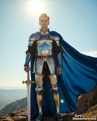 A young man in a suit of steel armor has a sword in hand on a cliff under bright white sun
