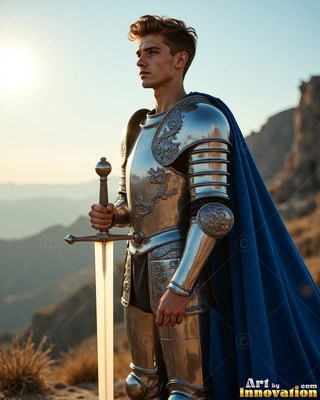 Standing in profile on a sunny hill, a young man dressed in steel plate grips a sword