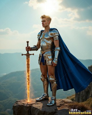 A fair-haired man in silver armor stands on a cliff holding a fiery sword in a cape colored blue