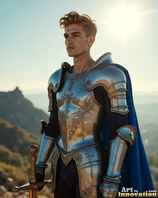 On a sunny hilltop, a young man stands in silver plate armor with a cape in blue