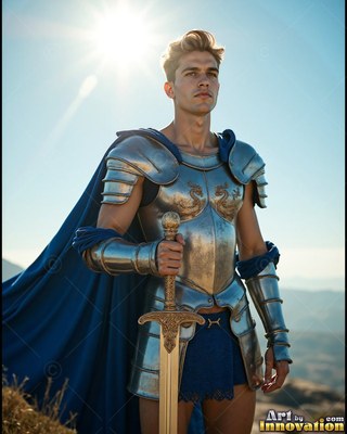 Holding a golden sword, a young man stands in steel armor alongside a cape in blue under the sun