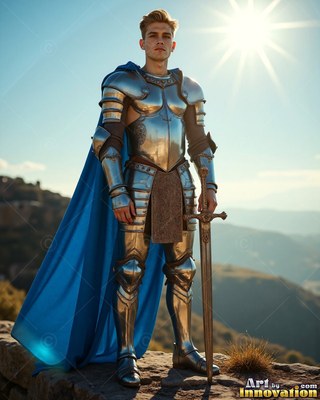 A young man in a suit of steel armor stands outdoors with a sword and cape in blue