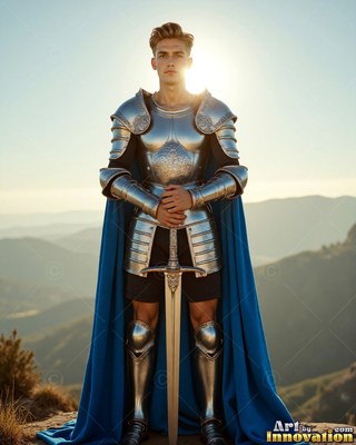 Silver plate armor gle ams on a young man resting on his sword on a high sunny mountain ridge