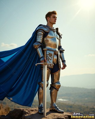A young man in shining silver armor leans on his sword, his cape in blue catching bright sunlight