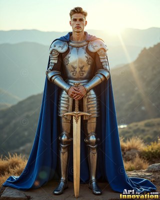 Standing straight on a hill, a young man rests his hands on a sword in armor